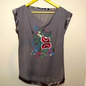Beautiful embroidered chiffon Grey sleeveless blouse